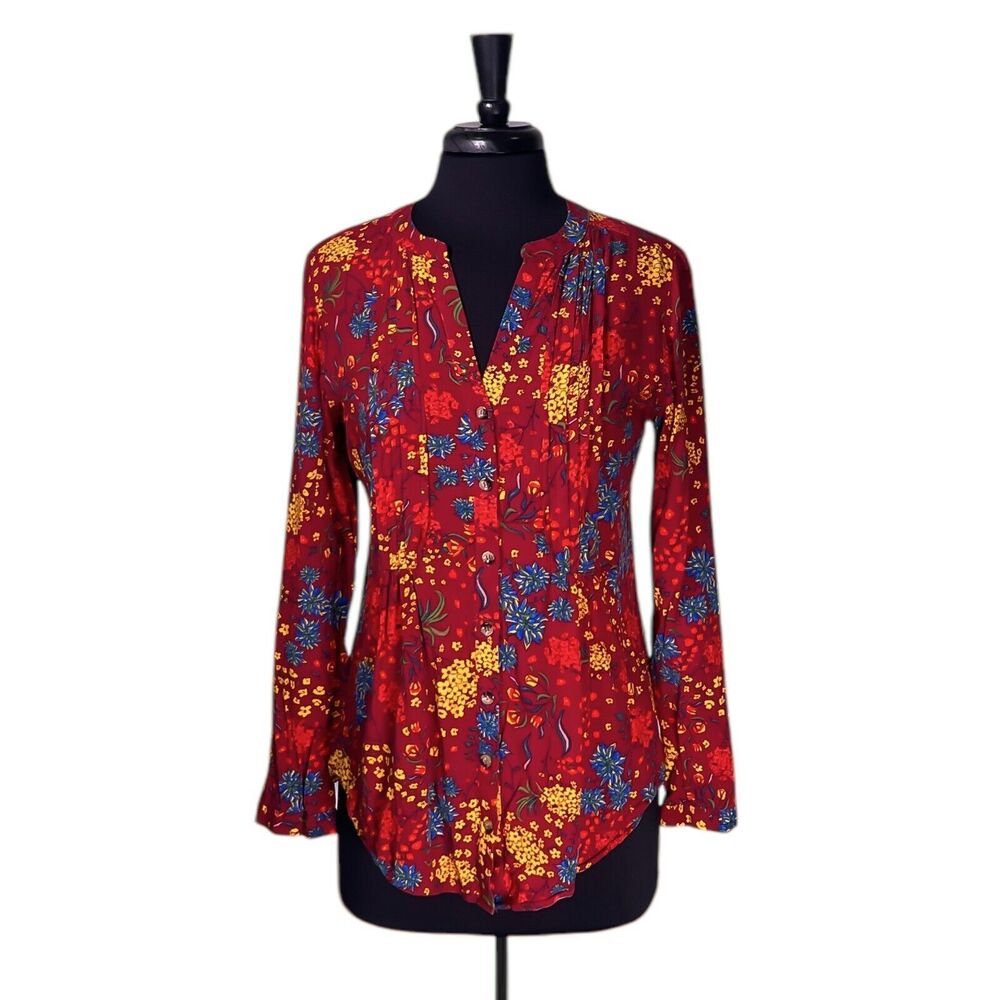 Maeve Anthropologie Women's Shirt Button Up Floral Pleated Colorful Spring Top M